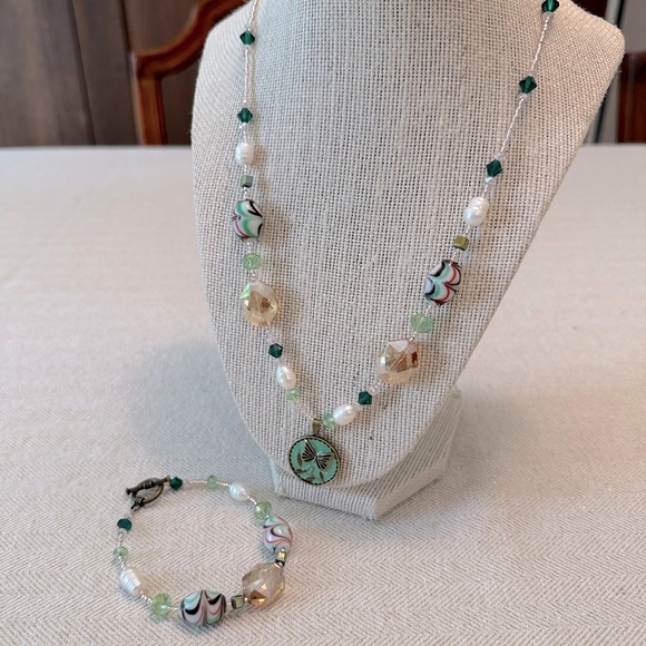 Handmade 2pc Necklace & Bracelet Set Enamel Butterfly Vintage Lamp Work Beads - Picture 12 of 16